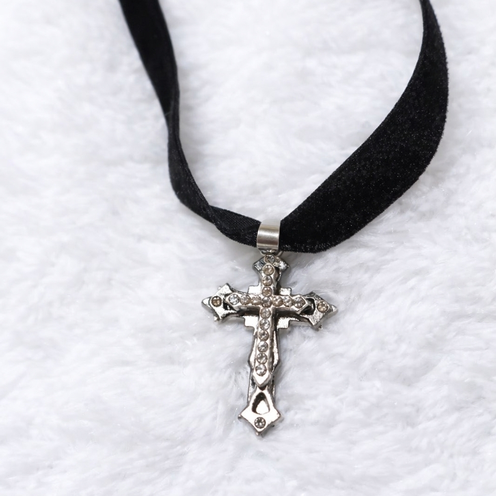 Black Velvet Gothic Cross Choker Necklace